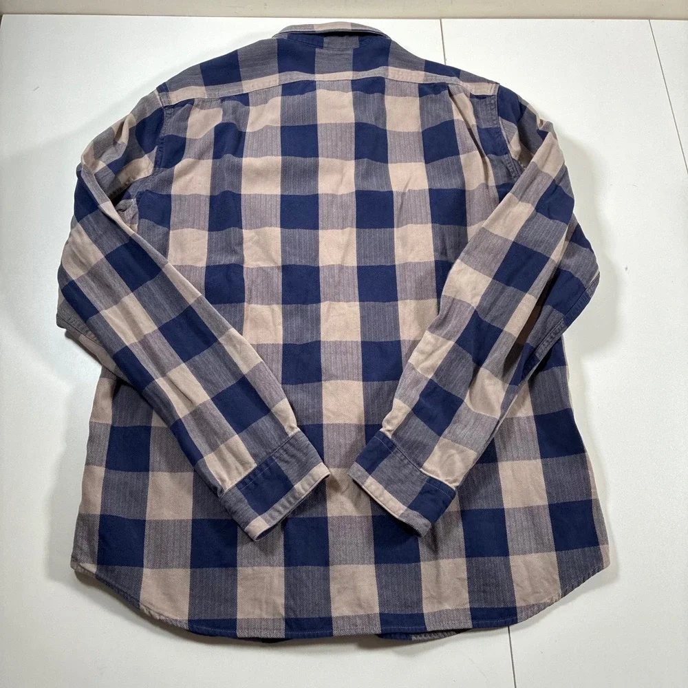 J. Crew Flannel Shirt Large Slim Navy Tan Buffalo Check Herringbone Button Up